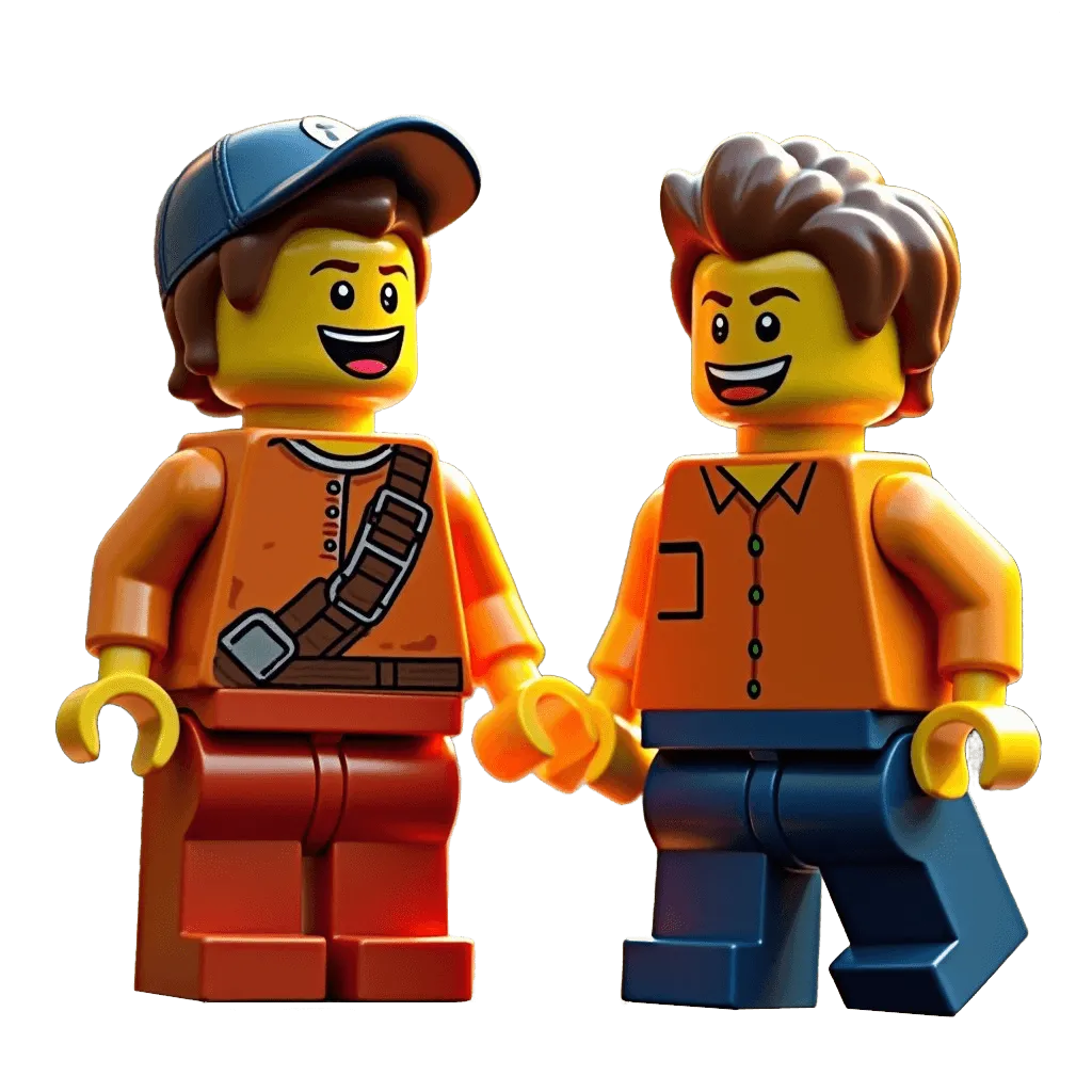 Twee LEGO figures naast elkaar lachend